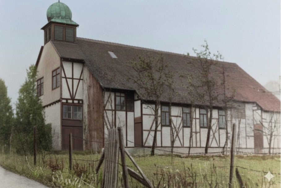 Notkirche in Brötzingen, Pforzheim - Kolorierte historische Aufnahme der provisorischen Kirche St. Antonius